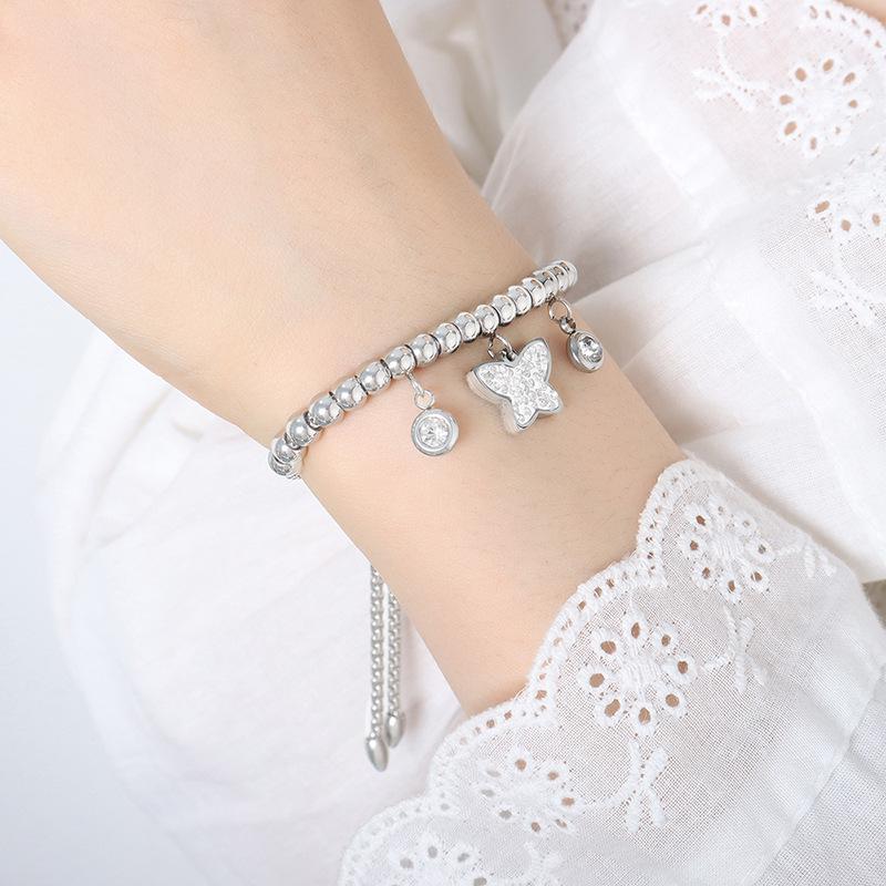 Women's Cute Japanese-Korean Fashion Bracelet: Hollow Heart Pendant, Round Bead, Real Gold Titanium Steel Jewelry