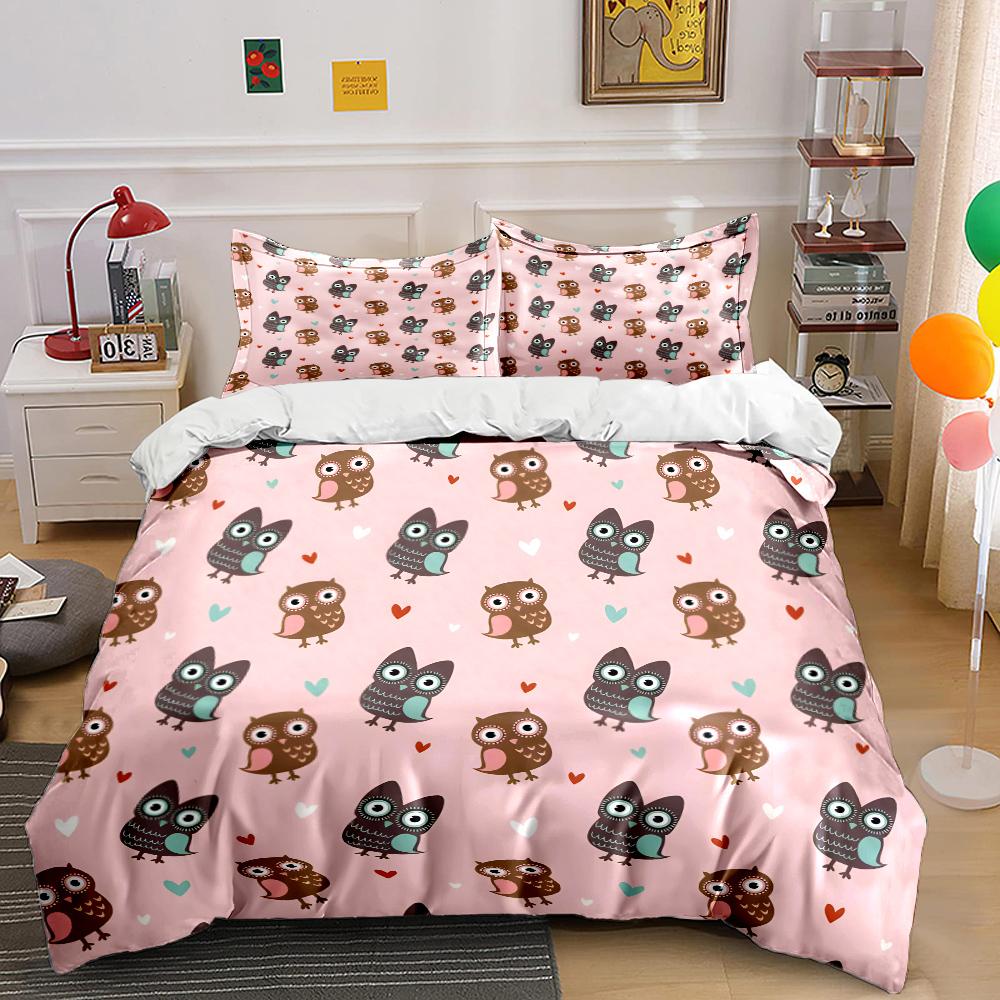Cartoon owls and heart backdrop Bedding Set for Kids Luxury Gift 3pcs Digital Print Comforter Set Soft Comfortable Breathable