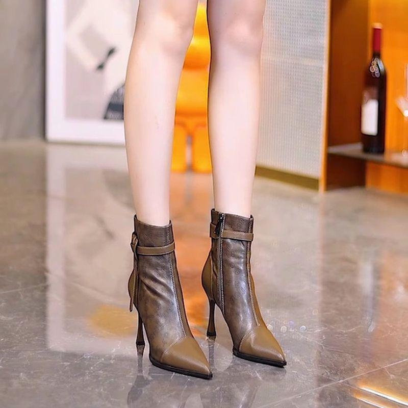 2025 Autumn/Winter Pointed Toe Side Zipper High Heel Soft Leather Women's Stiletto Boots with Buckle.
