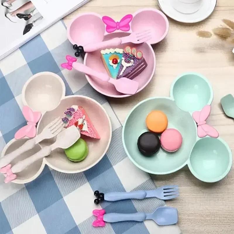 3pcs Wheat Straw Baby Cartoon Tableware Set Kindergarten Dinner Plate Durable To Baby Feeding Plate Training Bowl Spoon Fork