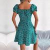 Women Floral Swing Dress Casual Flared Sleeve Lace Up Drawstring Spring Summer Sizes S XXL