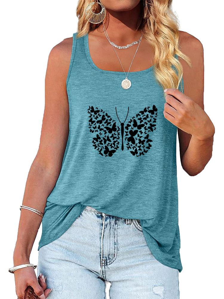 Women Fashion Print Sleeveless Top Summer Casual Round Collar T-shirt Pullover Loose Ladies Tank Top