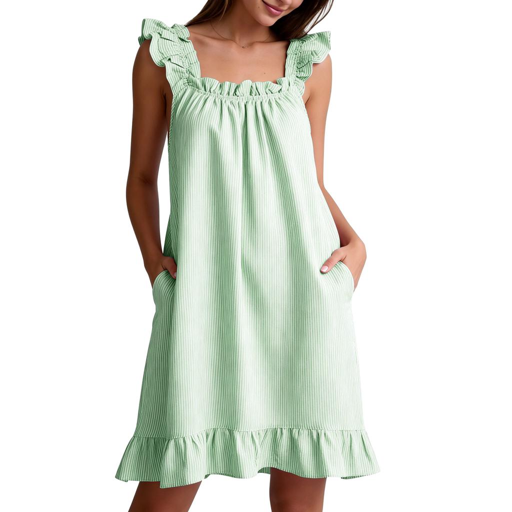Women's Sleeveless Striped Nightgown with Ruffle Trim and Pockets, Loose Fit Casual Sleep Dress for