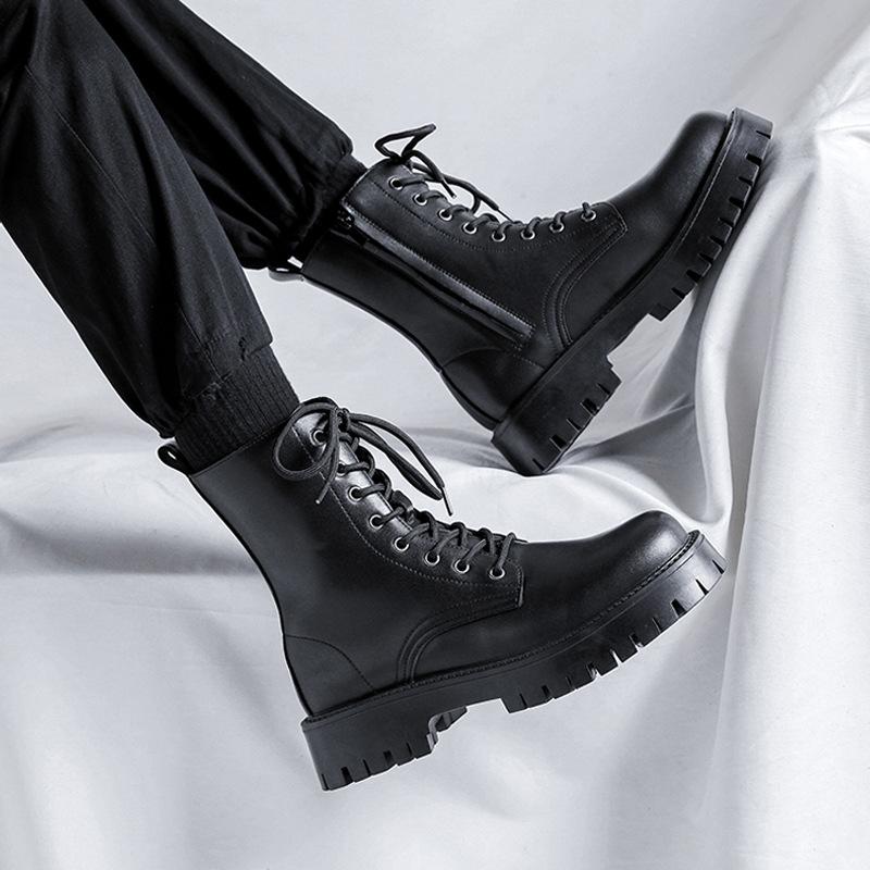 Martin Boots Men's British High-top Boots Soft Leather New Mid-top Leather Shoes Black Tooling Chelsea Short Boots