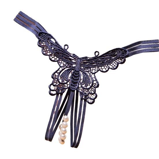 Sexy Hollow Out Butterflies Shape Thong Low-rise Massage Faux Pearls Crotch See-through Briefs Solid Color
