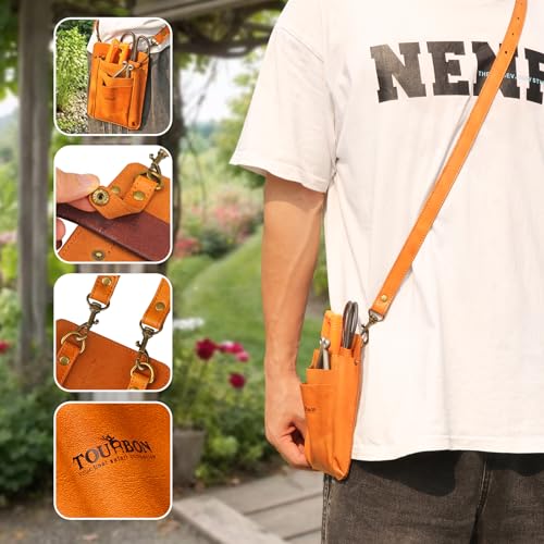 TOURBON Gardening Pouch, Pruning Shears Pouch, Leather Scissor Case Bag, Gardening, Florist, Waist Pouch, with Shoulder Strap (Light Brown)