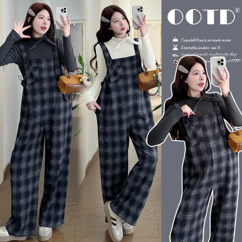 Elegant Plaid Maternity Overalls: Fleece-Lined & Thickened for Autumn/Winter 2026 L