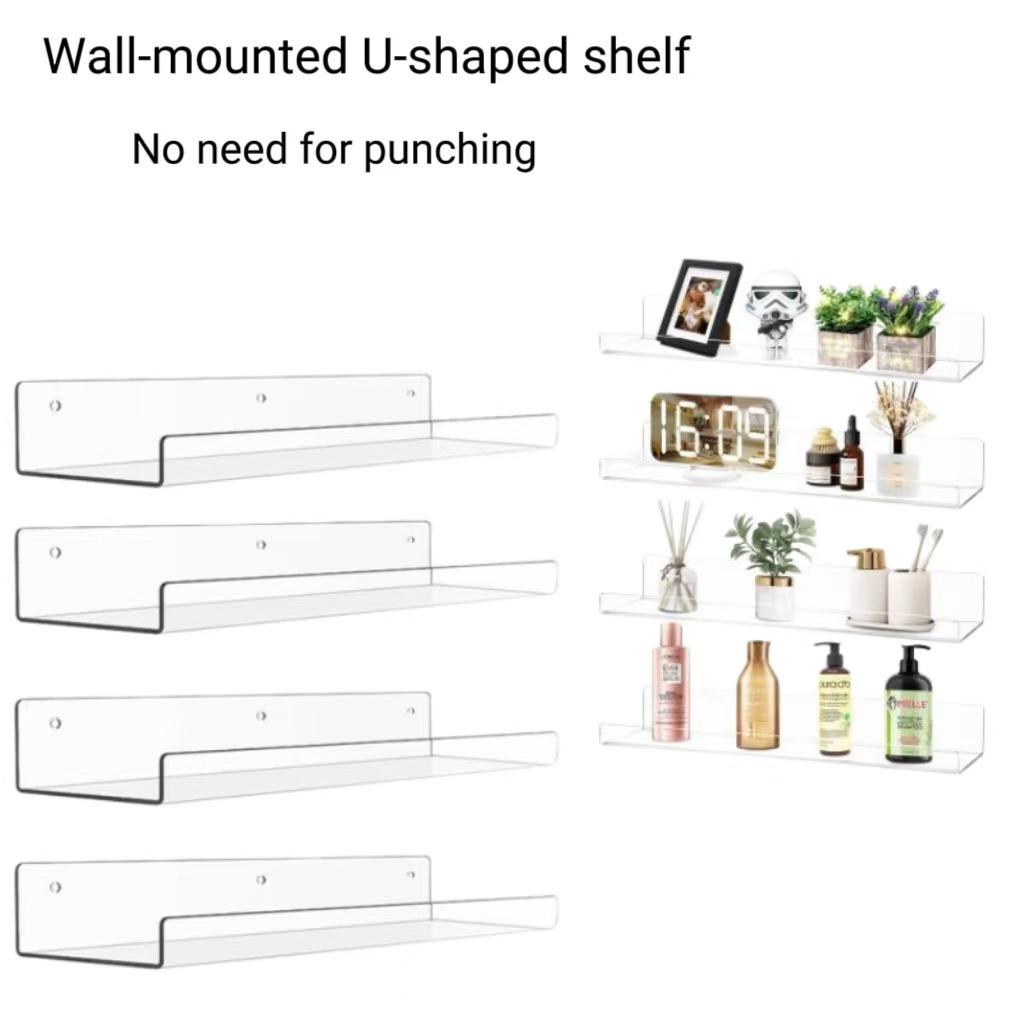 Clear Acrylic U-Shaped Wall Shelf - No-Drill Hanging Rack for Bathroom, Kitchen, or Study