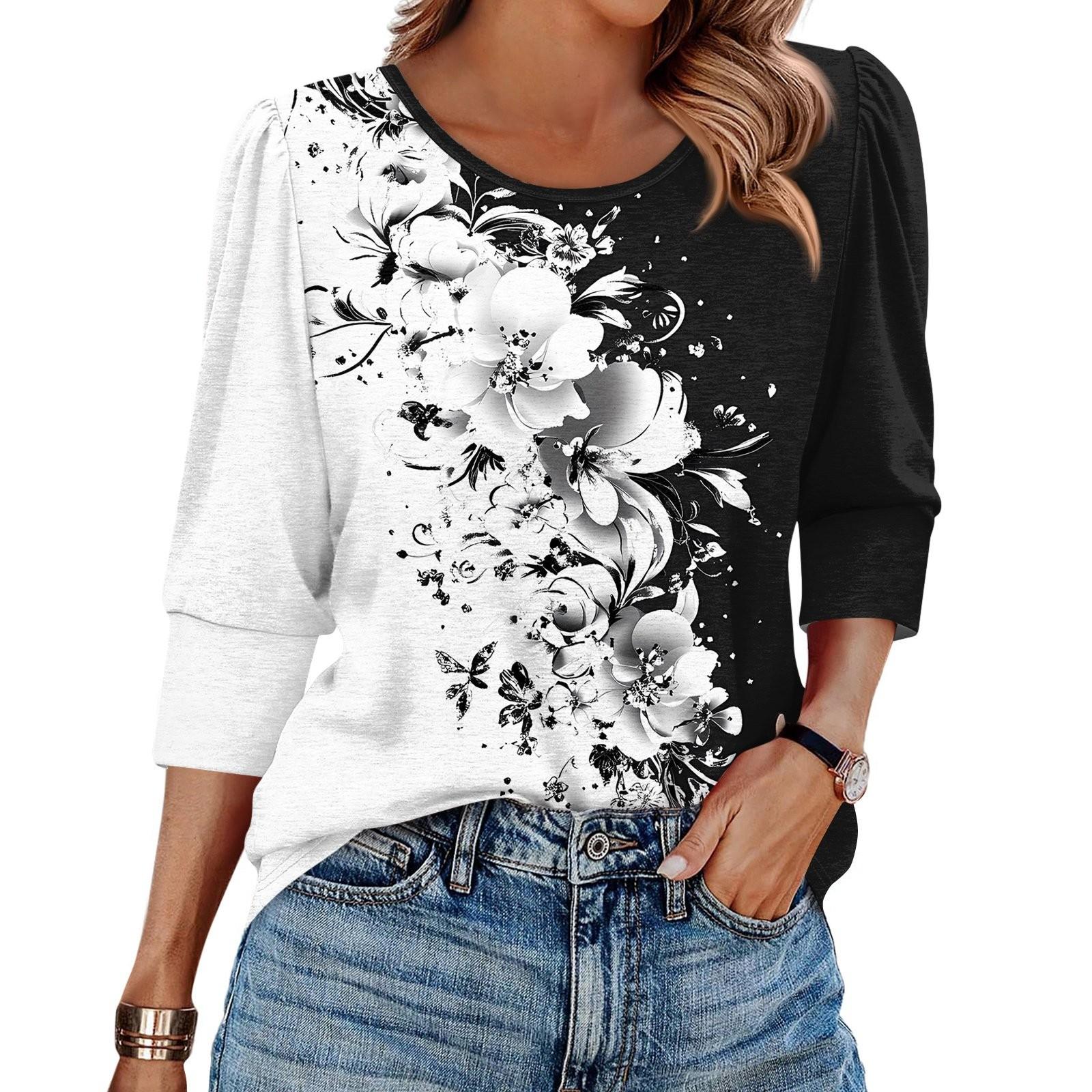 

Женская модная повседневная рубашка с рукавом 3/4 и принтом, женские топы с круглым вырезом XXXL