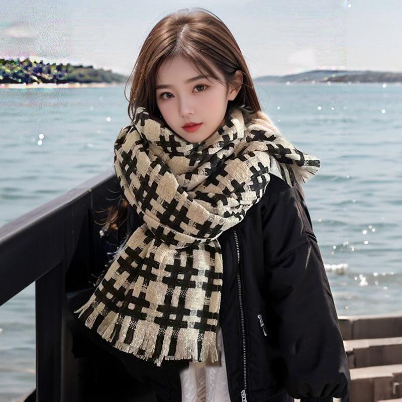 Geometric Checkerboard Plaid Scarf Women's Autumn Winter Versatile Warm Student Couple Thick Neck Warmer Men's