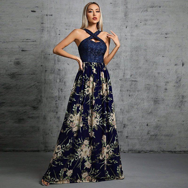 Evening Dress Cocktail Evening Dress New Style Halter Neck Casual Vacation European and American Cross-Border Dress Wedding Picture Color---Al3866 S