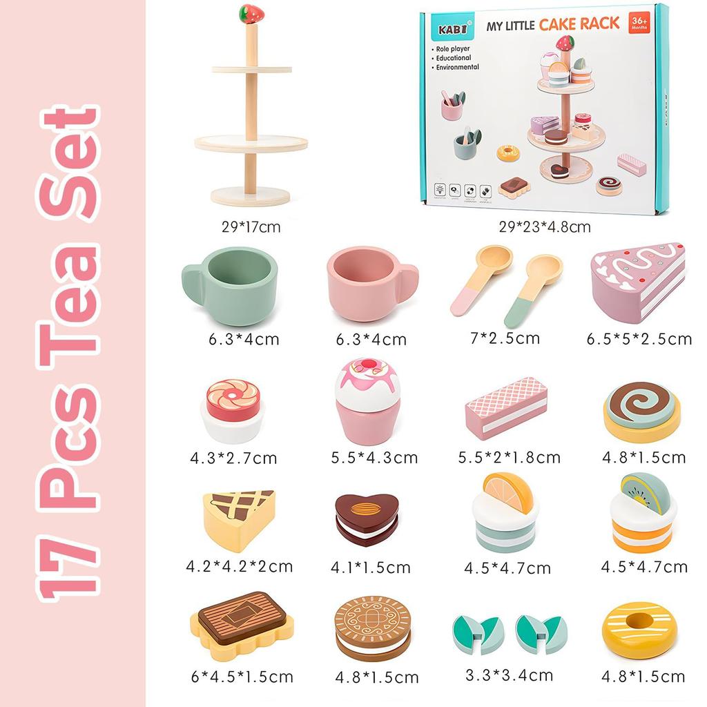 Tea Party Set Dessert Stand Playset ,Wooden Toys Pretend Play Food Kitchen Accessories for Toddler Tea Set Birthday Gift