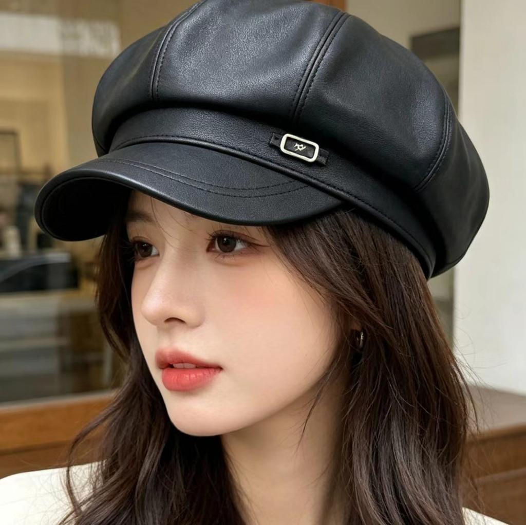Spring and Autumn New Pu Leather Fashion Foreign Style Octagonal Hat Children British Style Plain Face Cap Show Face Little Beret Tide