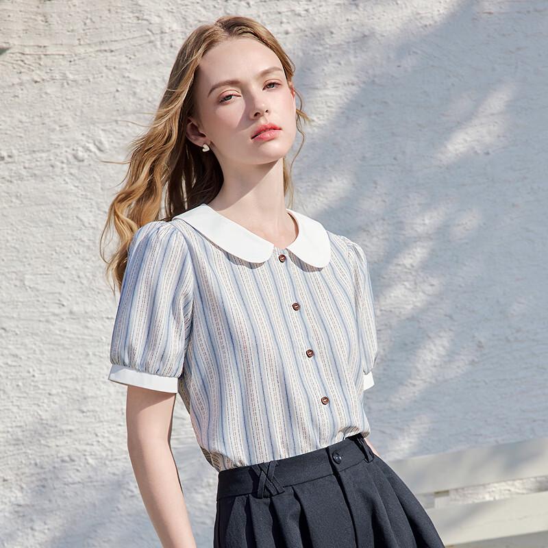 Betu Women's Striped Puff Sleeve Doll Collar Short Sleeve Shirt