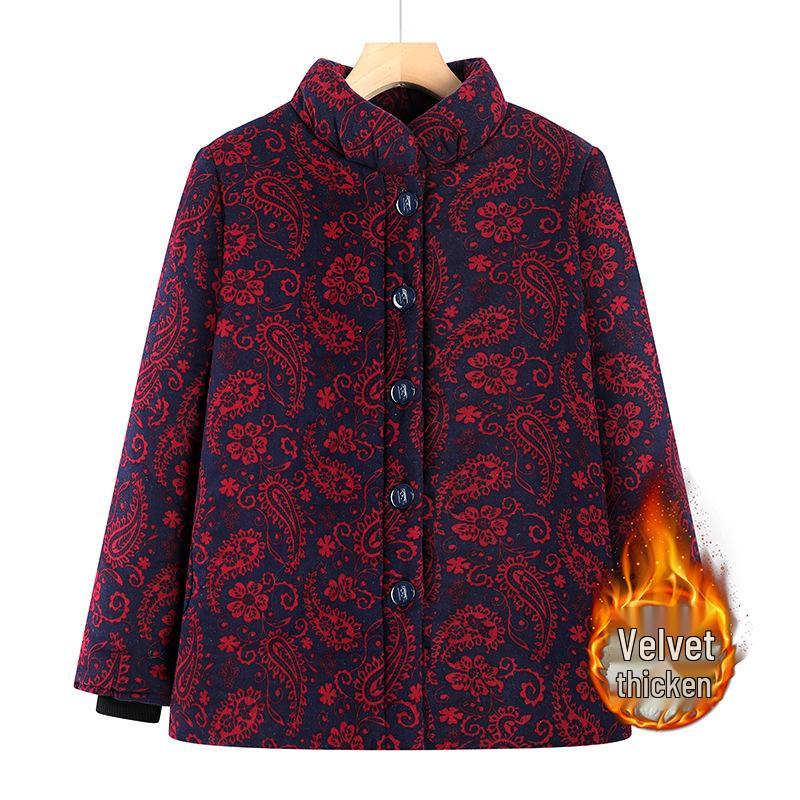 

Vintage Floral Cotton Jacket for Women: 70s/80s Winter Coat with Velvet Lining, Perfect for Elderly Ladies & Mothers XL (up to 105 jin) синий