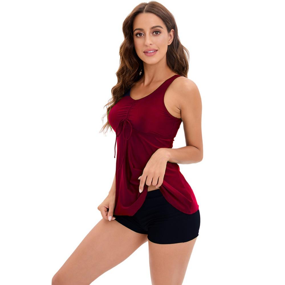 European and American Tankini Print Conservative Boxers Skirt Split Swimsuit