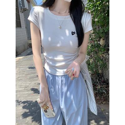 Korean Solid Color Round Neck Age-reducing Right Shoulder Waist Pleated Embroidered Summer Short-sleeved T-shirt Slimming Short Top