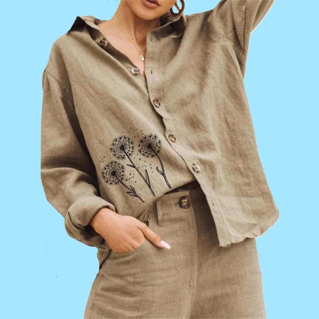 

Женская мода Цветочный принт Блузка Лето&Осень Повседневная льняная рубашка Женская свободная застегивающаяся на пуговицы Длинный рукавТоп 3XL хаки