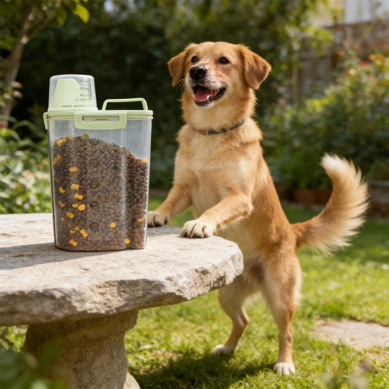 Transparent Plastic Pet Food Storage Box With Measuring Cup And Secure Handles Great For Travel and Home Indoor Use