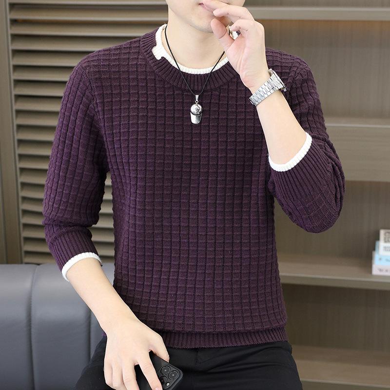 

Men s Round Neck Two-Piece Style Sweater – Autumn/Winter Casual, Warm, Versatile Knitwear 3XL фіолетовий