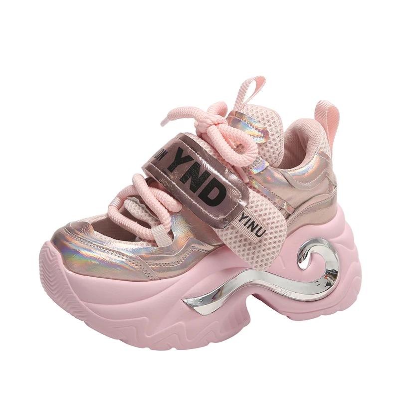 Fashion 8cm Summer New Shiny Sequins Chunky Platform Sneakers Women Breathable Lace Up Height Increase Shoes Woman Fashion Cute Sneakers