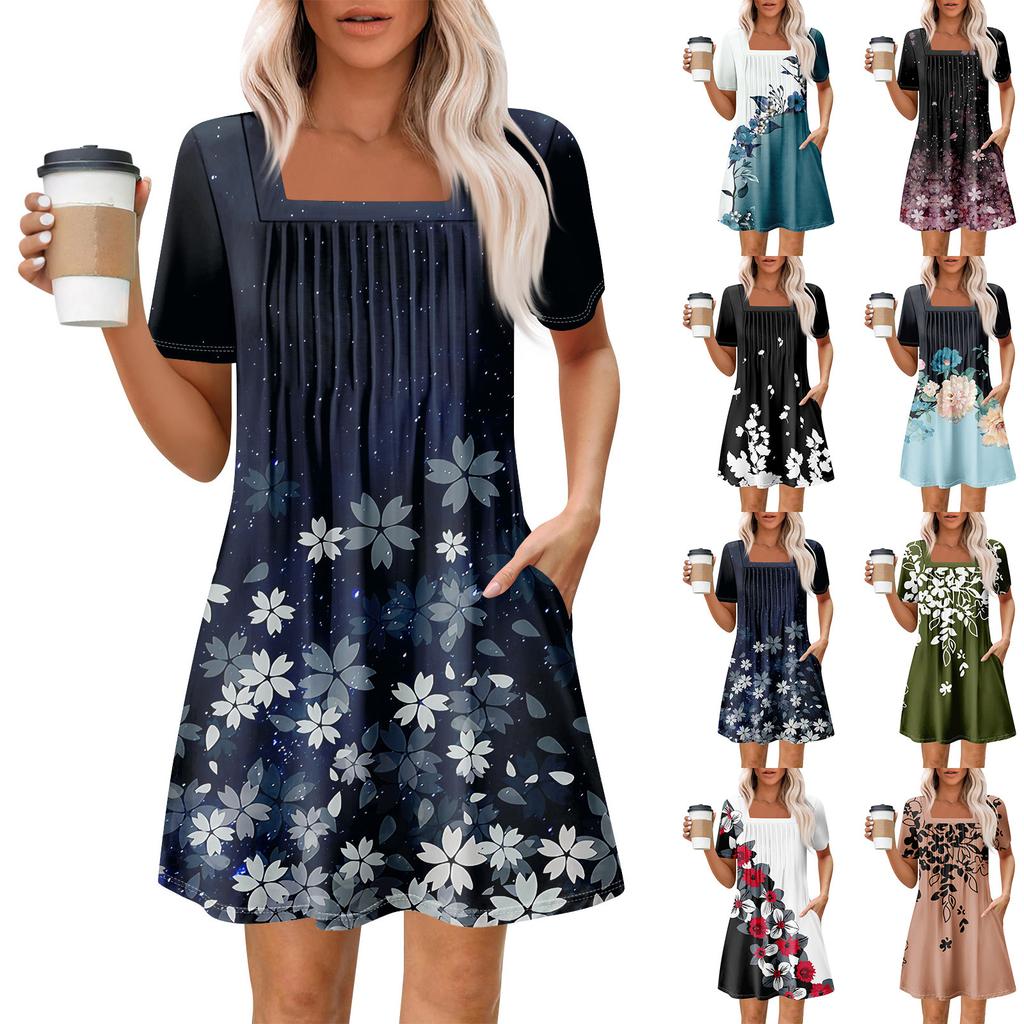 Rochii cu mânecă scurtă, cu mânecă scurtă, cu buzunare, cu gât pătrat, ocazional de vară