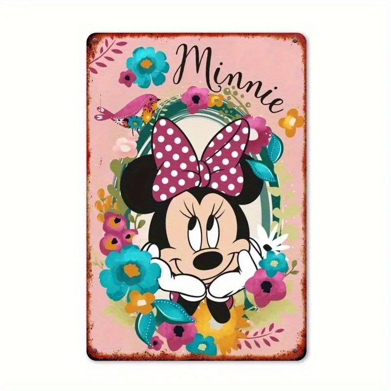2D Flat - 1pc Minnie Mouse Floral Tinplate Wall Art - 12x8 Inch Metal Sign with Pink Bow & Multicolor Flowers, Vintage Home Deco