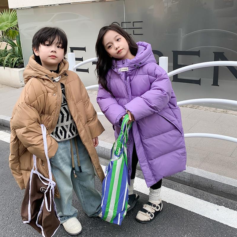 Children's Autumn and Winter Padded Long Over The Knee Solid Colour Jacket with Hood Thickened Warm Outerwear