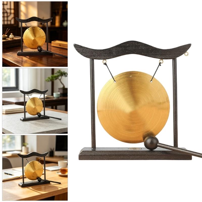 Dekoratives Desktop-Gong-Set mit Metallscheibe und Holzständer, Schlägeln, Chinesisch inspiriertes Schreibtisch-Akzentstück für Büro, Meditationsregal und Innenbereich