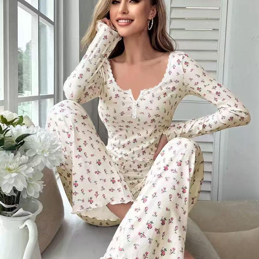 European & American Style Autumn/Winter Sexy Casual Fashion Pajama Set: Women's Long-Sleeve Top and Pants