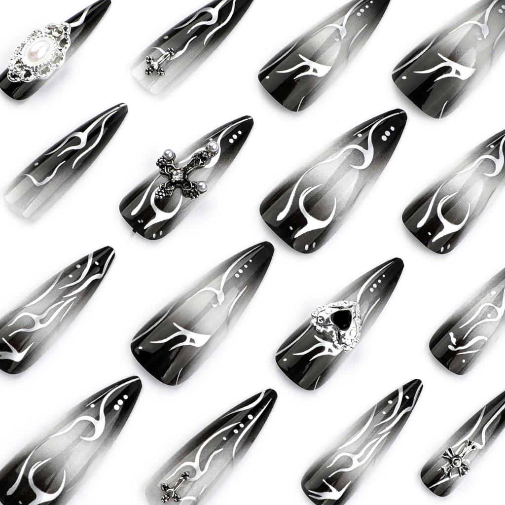 24pcs Long Almond Fake Nails Gothic Dark Black Style Press On Nails Full Cover Wearable European Heavy Metal False Nail Tips