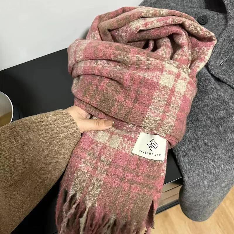 Winter dry rose pink plaid scarf women's atmosphere thickened warm shawl white soft fringed scarf