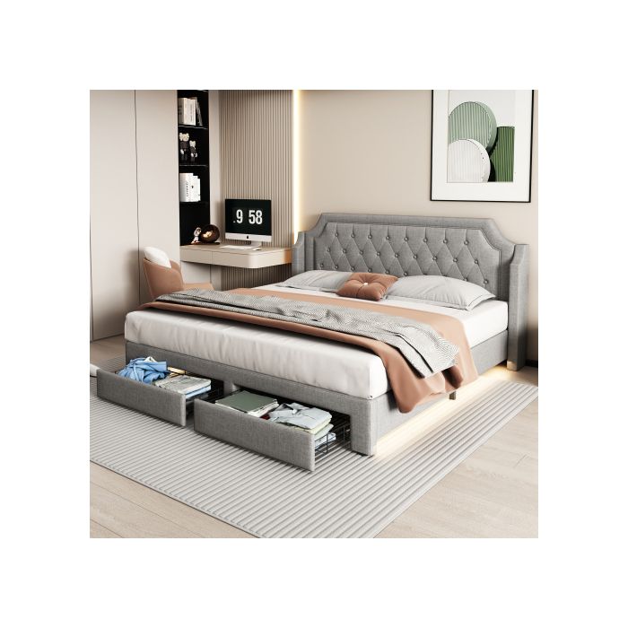 Lit rembourré - MUVOE - 180x200 cm - 2 tiroirs - Éclairage LED - Lin gris