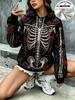 Women Black Gothic Skeleton Red Purple Rose Floral Print Hoodie Warm Fleece Lined Drawstring Pocket Pullover