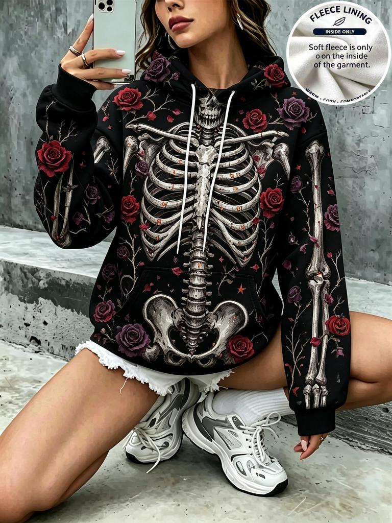 Women Black Gothic Skeleton Red Purple Rose Floral Print Hoodie Warm Fleece Lined Drawstring Pocket Pullover