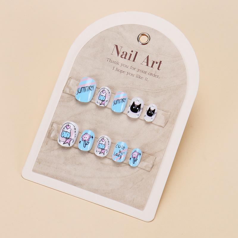 

Children s Cartoon Flower & Kitten Press-on Nails - 24 Cute Pieces Gel Glue Model
