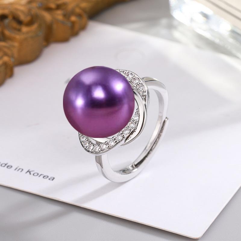 

Открытое регулируемое кольцо с 14-миллиметровым золотым, белым, шампанским и фиолетовым жемчугом из ракушек и цирконами для женщин Adjustable Open