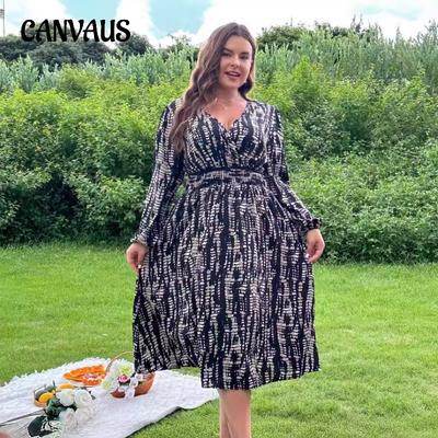 Taillenförmiges Frühlings- und Herbstkleid für Damen in Übergröße mit Batikmuster