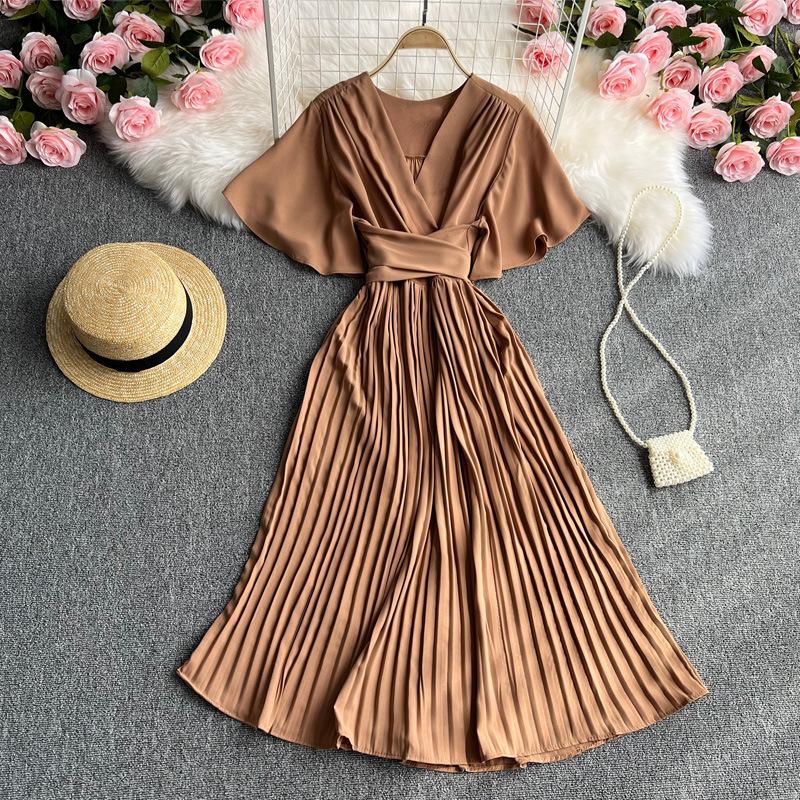 

YYFS Женская мода лето весна однотонный принт короткий рукав V-образный вырез высокая талия повседневные платья One size хаки