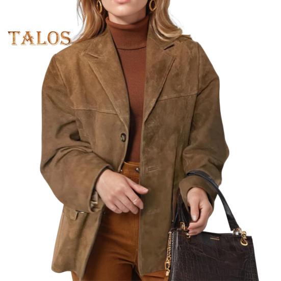 

Женский пиджак с лацканами, длинный рукав, застежка на пуговицы, пиджак, однотонный, городской стиль, деловая верхняя одежда M коричневый