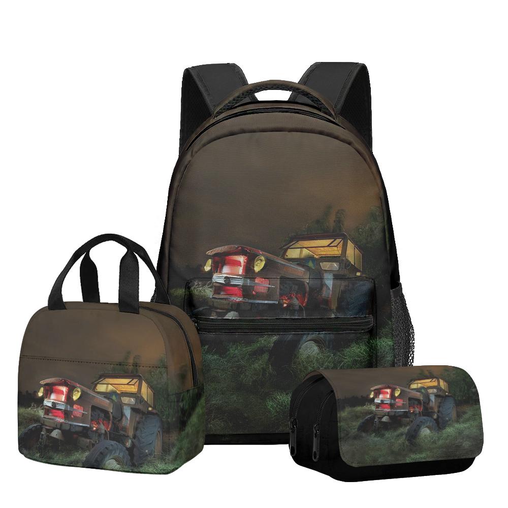 Classic Novelty Cool Tractor pattern 3D Printed 3pcs/Set Student School Bags Laptop Daypack Backpack Lunch bag Pencil Case