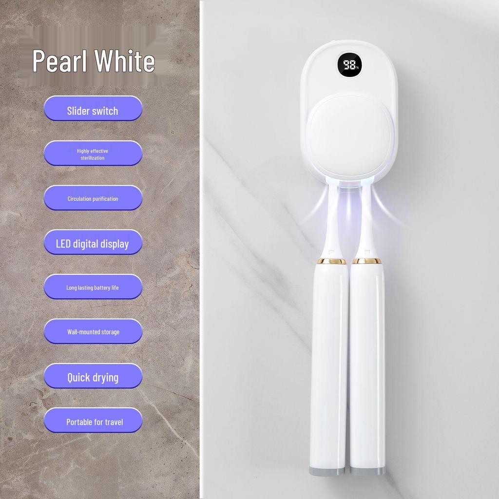 Portable Wall-Mounted UV Toothbrush Sterilizer and Dryer - Double Electric Brush Compatible, No-Punch Installation