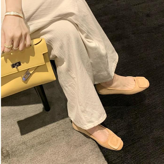 Sheepskin version~ Leather French square buckle shallow mouth single shoes women's new round head one-pedal flat commuter ballet shoes