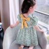 Summer Girls Floral Dresses Sweet Kids Green Short Sleeve Dresses Children Cotton Toddler Baby Clothing Frock
