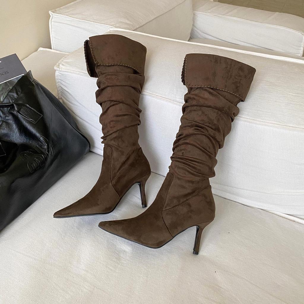 Maillard autumn and winter new French retro pointed head pleated thin heel high boots women's suede but knee long tube