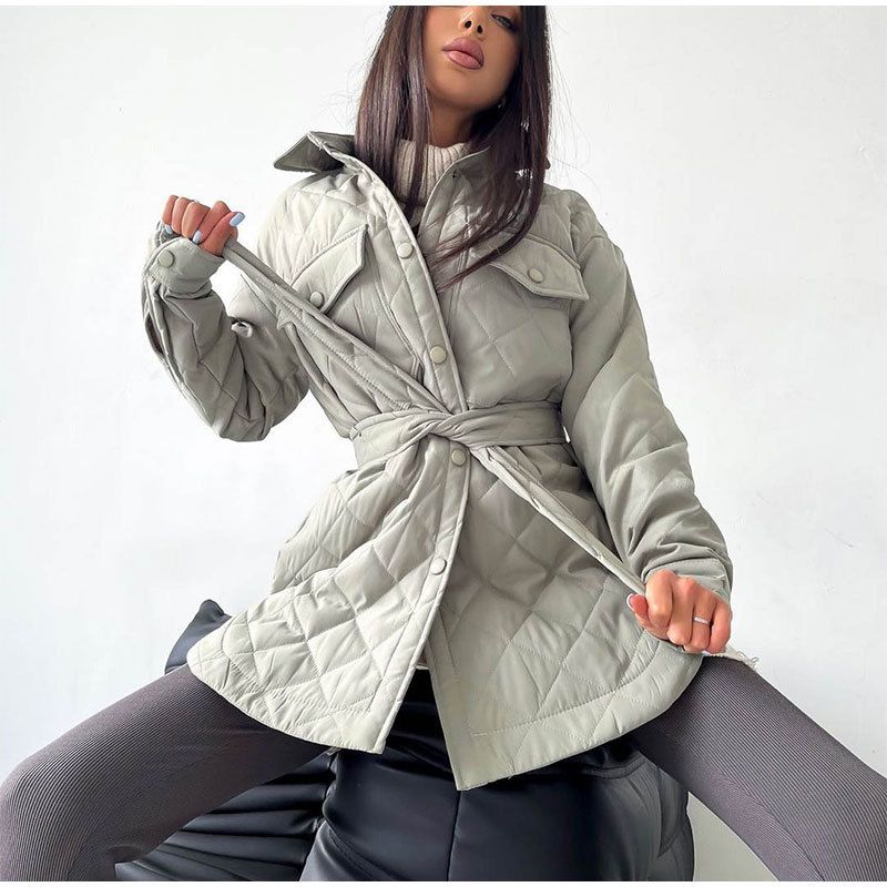 

Lapel Cotton Jacket Ladies New Autumn and Winter Wild Padded Lapel Loose and Warm Quilted Cotton-Padded Jacket Grey (In Stock) XL