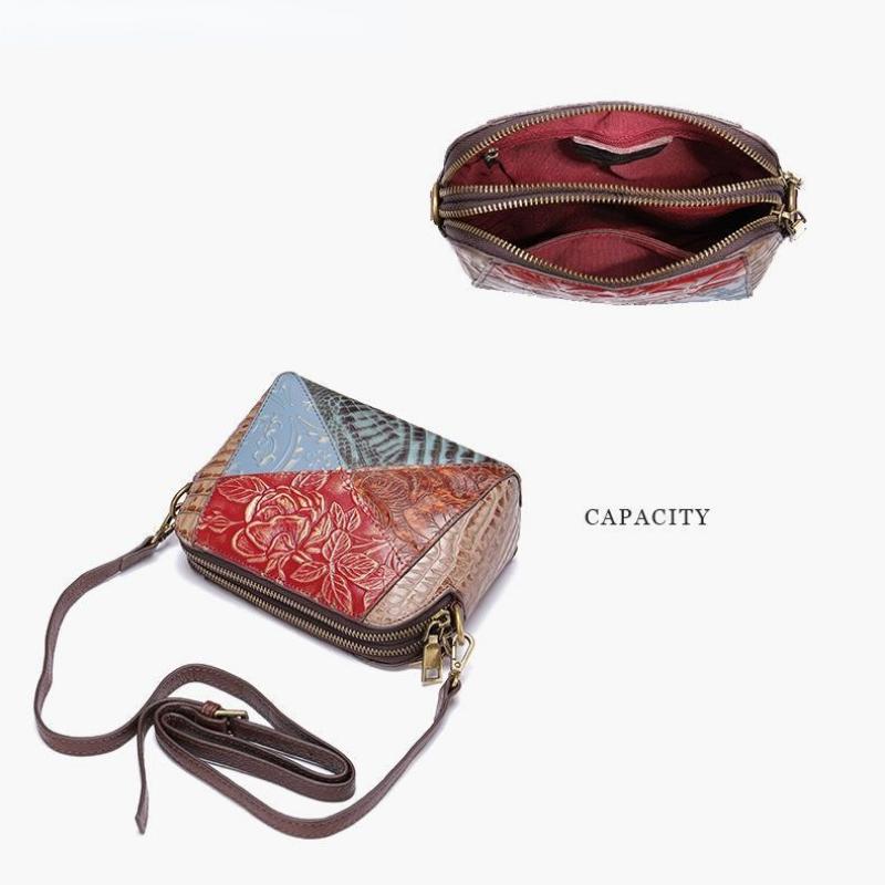 Johnature Borse a tracolla retrò in vera pelle da donna Borsa a tracolla in morbida pelle di vacchetta goffrata con cuciture a colori versatili