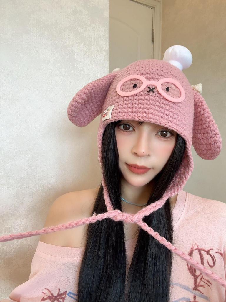 Damen-Wollmütze Herbst/Winter 2025 mit lustigem Welpenohren- und Brillen-Design
