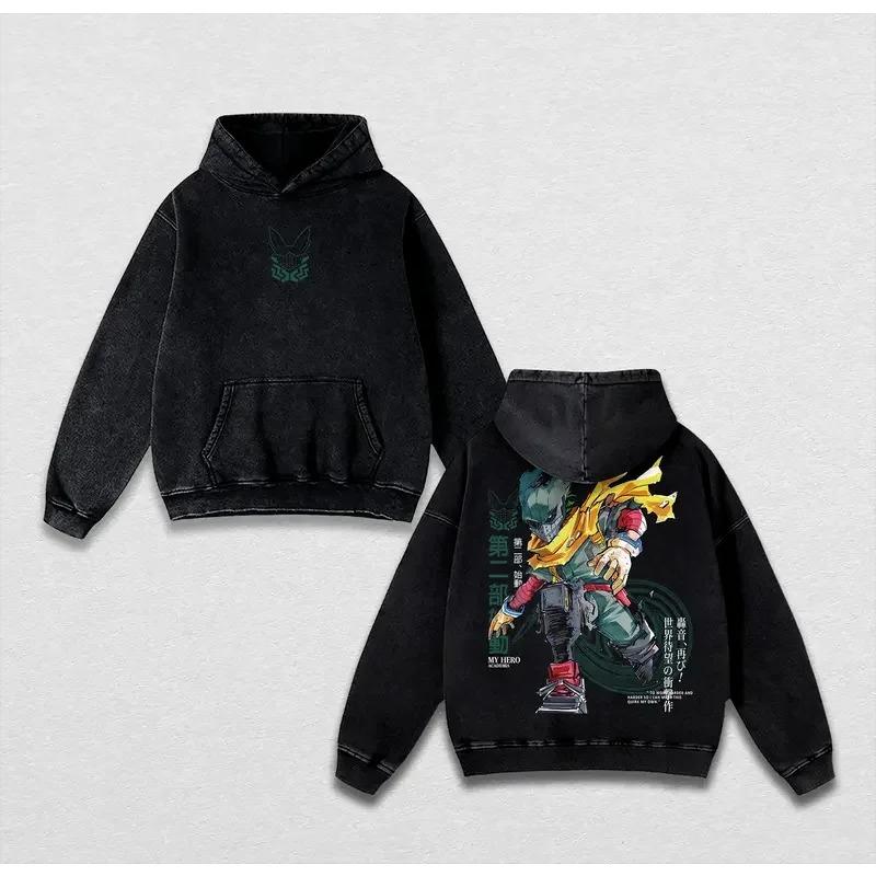 Anime My Hero Academia Midoriya Izuku Deku Printing Hooded Men Women Cotton Hoodies Vintage Washed Pullover Harajuku Sweatshirt XXL чёрный 3270₽