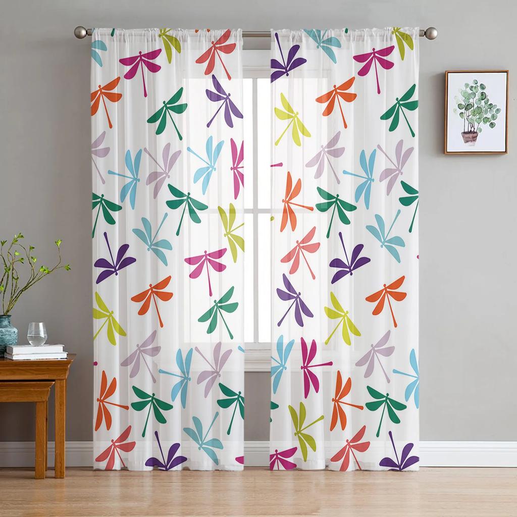 Dragonfly Flowers Curtain Living Room Voile Window Blinds Bedroom Tulle Drape Kitchen Cortinas Hall Curtains Light Filtering Polyester Ideal For Great